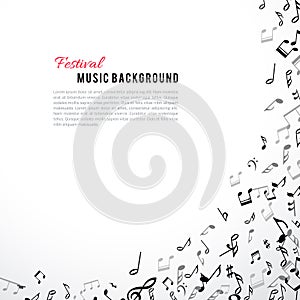 Abstract musical frame and border with black notes on white background.