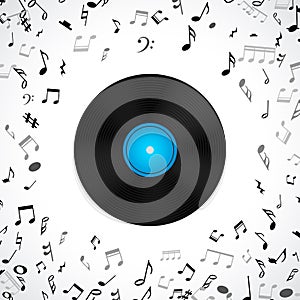 Abstract musical frame and border with black notes on white background.