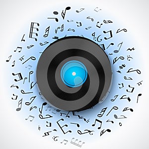 Abstract musical frame and border with black notes on white background.