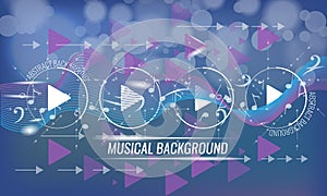 Abstract musical futuristic background with arrows and bokeh effect. Vector background. Blue color