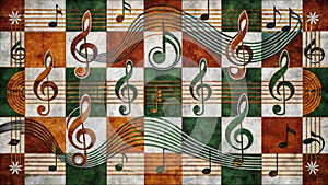 Abstract musical notes and treble clefs in a geometric pattern