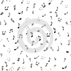 Abstract musical seamless pattern with black notes on white background.