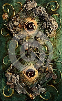 Abstract mystic background with magic elements, fantasy book cover with decorations, esoteric and occult concept, vintage and