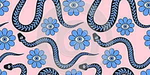 Abstract mystic spiritual blue flower with eye and snake with third eye simple geometric outline style seamless pattern