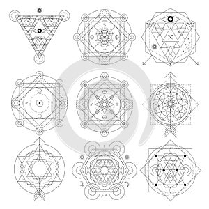 Abstract mystical geometry symbol set. Linear alchemy, occult, philosophical signs.