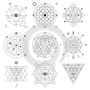 Abstract mystical geometry symbol set. Linear alchemy, occult, philosophical signs.