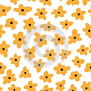 Abstract Naive Yellow Daisy Flower Seamless Pattern on White Background. Fun Organic Floral Creative Print. Vector