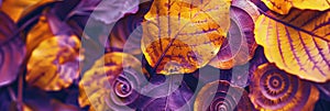 Abstract natural background from leaves in yellow and purple shades