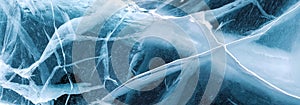 Abstract natural background. Transparent blue ice. Banner format.