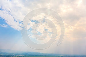 Abstract Natural bright sunlight sky background with light effect, Lens flare realistic illustration. Solar flash with golden rays
