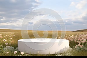 Abstract natural field scene with podium for product display and frosted glass background.