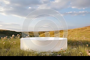 Abstract natural field scene with podium for product display and frosted glass background.