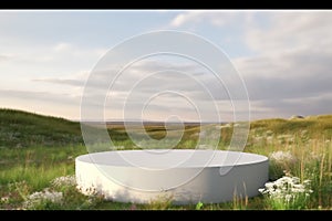 Abstract natural field scene with podium for product display and frosted glass background.