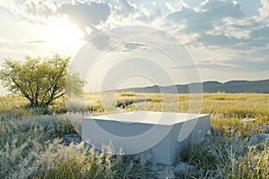 Abstract natural field scene with podium for product display and frosted glass background. 3d rendering.