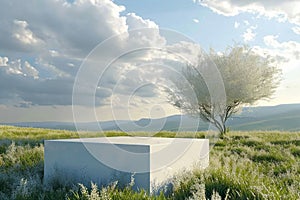 Abstract natural field scene with podium for product display and frosted glass background. 3d rendering.