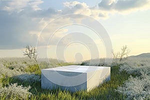 Abstract natural field scene with podium for product display and frosted glass background. 3d rendering.