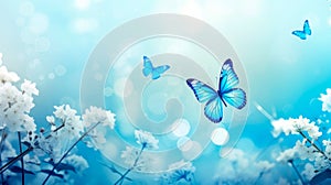 Abstract natural spring background with butterflies and light blue dark meadow flowers closeup.