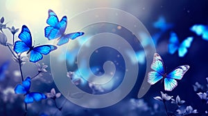 Abstract natural spring background with butterflies and light blue dark meadow flowers closeup.