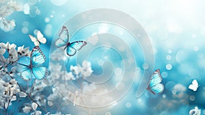 Abstract natural spring background with butterflies and light blue dark meadow flowers closeup.