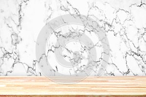 Abstract Natural wood table texture on white marble background : Top view of plank wood for graphic stand product, interior design