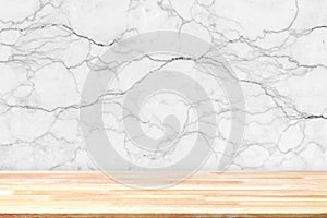 Abstract Natural wood table texture on white marble background : Top view of plank wood for graphic stand product, interior design