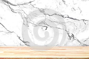 Abstract Natural wood table texture on white marble background : Top view of plank wood for graphic stand product, interior design