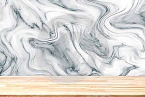 Abstract Natural wood table texture on white marble background : Top view of plank wood for graphic stand product, interior design
