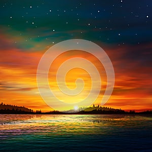 Abstract nature background with forest lake and sunrise