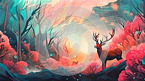 abstract nature background illustration art with red trees forest and deer , ai generated
