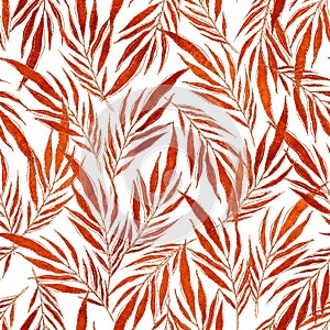Abstract Nature background. Pattern of Red and orange palm leaves with golden lines on blue background. Watercolor
