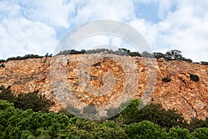 Abstract nature background with wall of rock, sky and crowns of forest