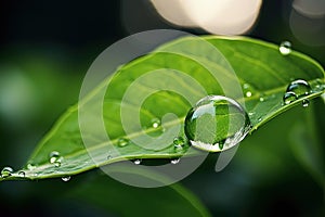 Abstract nature, environment background. Transparent water drop with sun glare on green leaf macro