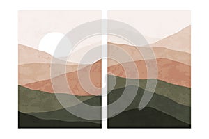 Abstract nature landscape posters. Minimalist neutral art prints with mountains, contemporary mid century background