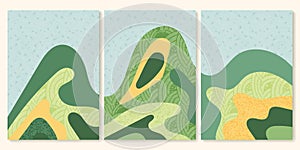 Abstract nature landscape vector illustration with scribble texture. Green field or wave eco farm background. Mountain