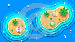 Abstract Nature Paper Cut Water Beach Island Background With Fish Umbrellas Palms And Shadows Vector Design