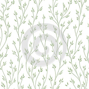 Abstract nature seamless pattern with green contours of twigs with leaves on white background