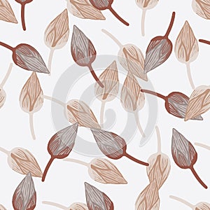 Abstract nature seamless pattern in hand drawn style with simple tulip bud shapes. Isolated flower print