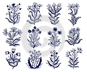 Abstract nature set collection hand drawn. Blue color in white background.Ethnic ornament, floral print, textile fabric, botanical