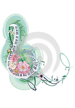 Abstract nature treble clef decorated with summer and spring flowers, notes, birds.