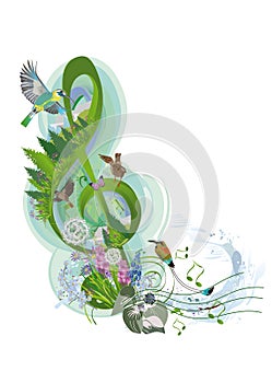 Abstract nature treble clef decorated with summer and spring flowers, notes, birds. Light and relax music.