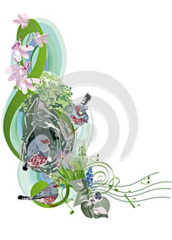 Abstract nature treble clef decorated with summer and spring flowers, notes, birds. Light and relax music.