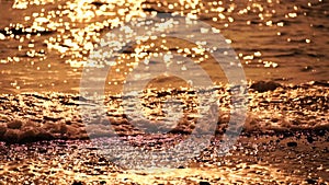 Abstract nautical summer ocean sunset background with blurred waves, sun reflections, and bokeh. Seamless panorama and