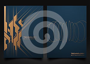 Abstract navy blue background luxury tech cover set. Futuristic style cover template golden shape design. Technology vector design