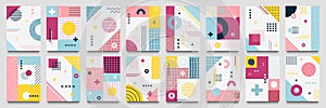 Abstract neo memphis background. Modern geo grid poster template with 1980 lines texture and dotted pop pattern vector