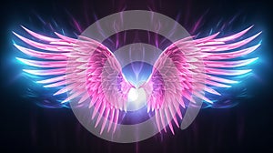 abstract neon angel wings illuminated by pink and blue lights on