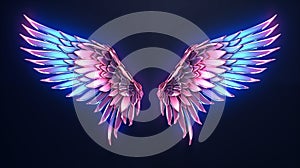 abstract neon angel wings illuminated by pink and blue lights on