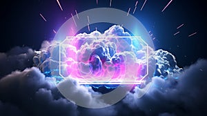 Abstract neon background in 3D with a stormy cloud and a hexagonal frame shining with different colors