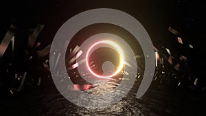 Abstract Neon Background. Glowing circle among crystals. 3D rendering.