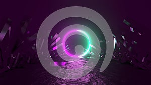 Abstract Neon Background. Glowing circle among crystals. 3D rendering.