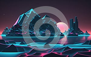 abstract neon background with glowing geometric shapes and seascape, terrain panoramic view, fantastic virtual reality wallpaper